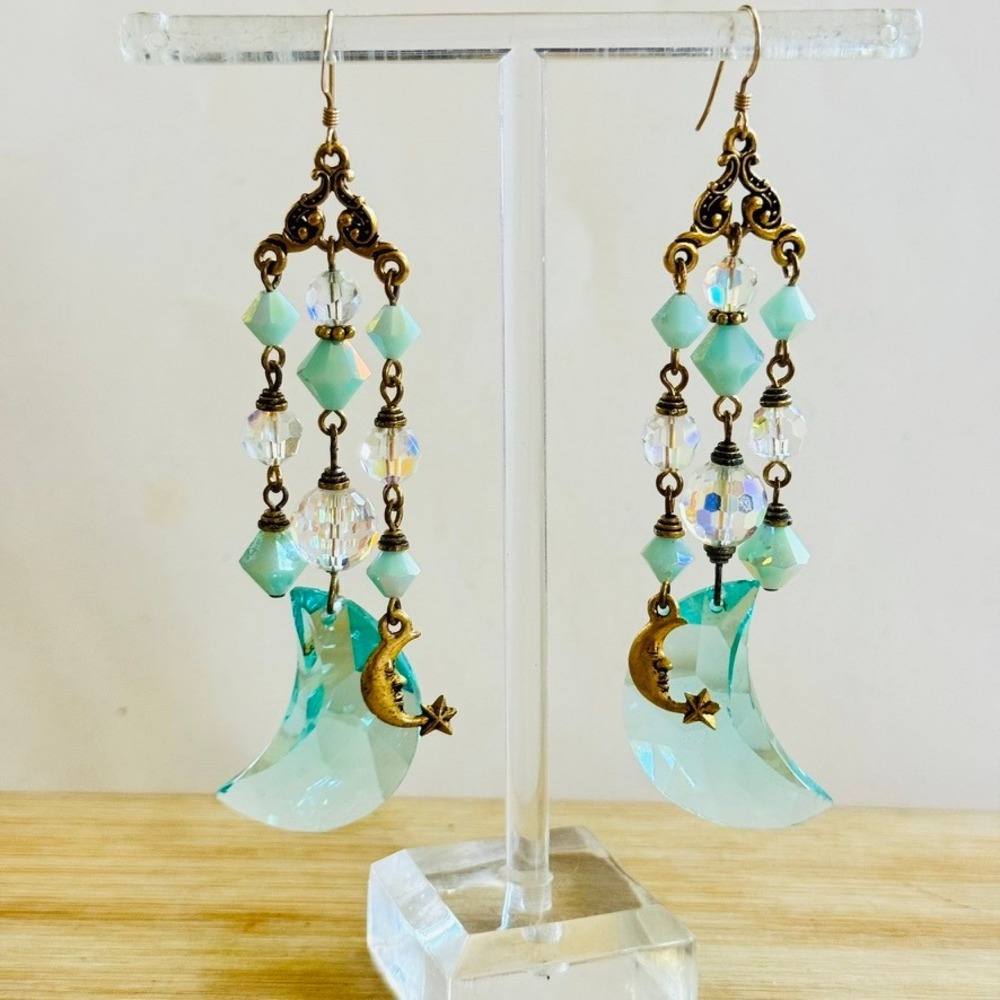Whimsical Crescent Moon Austrian Crystal Earrings Dangle Chandelier Gold Filled